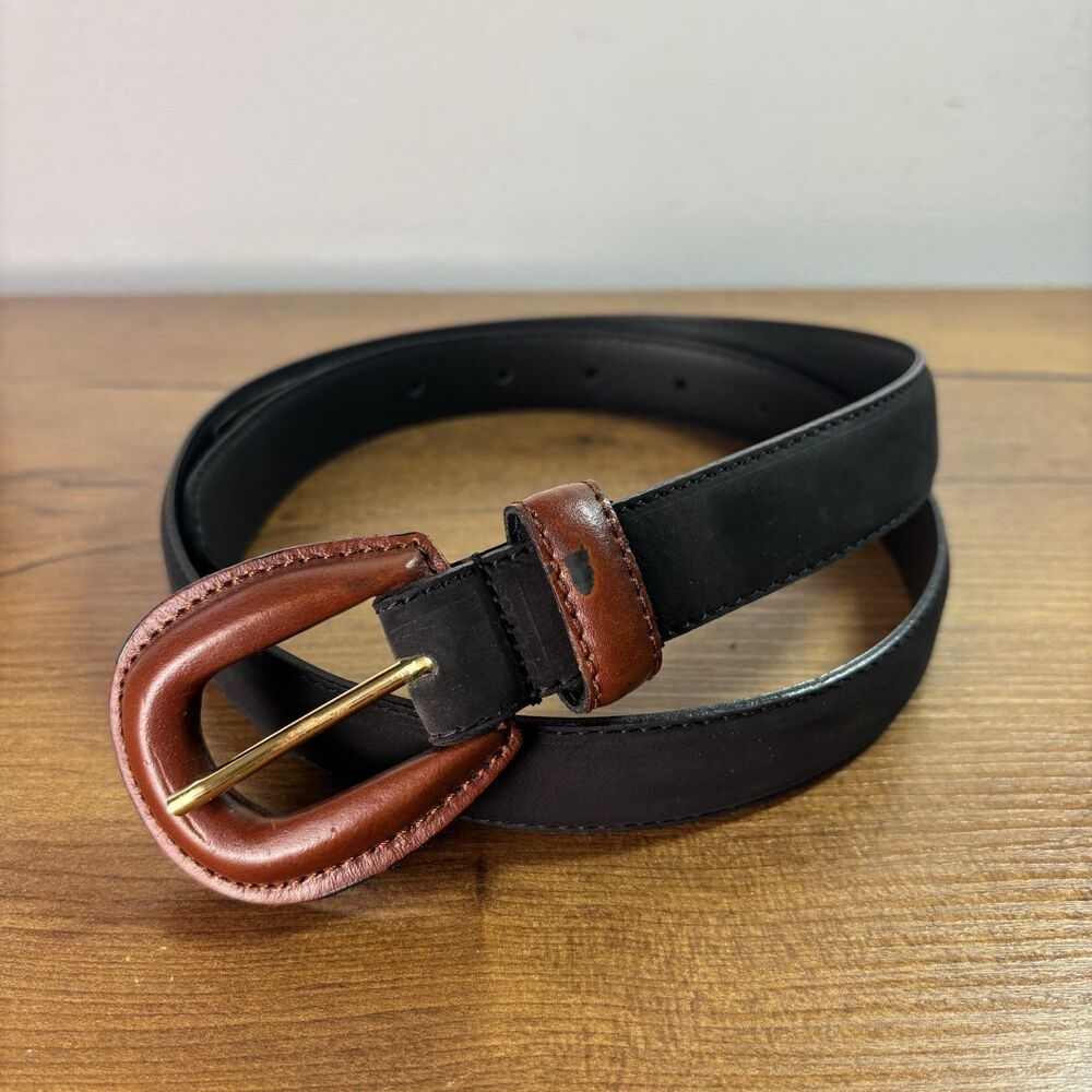 VTG TAROX Italy Genuine Leather Belt Women's Size M Black Brown Buckle Two Tone